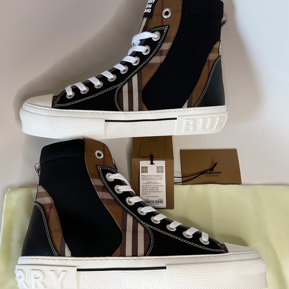 BURBERRY Signature Vintage Check Logo Canvas Leather High-Top Fashion Sneakers - Picture 3 of 16
